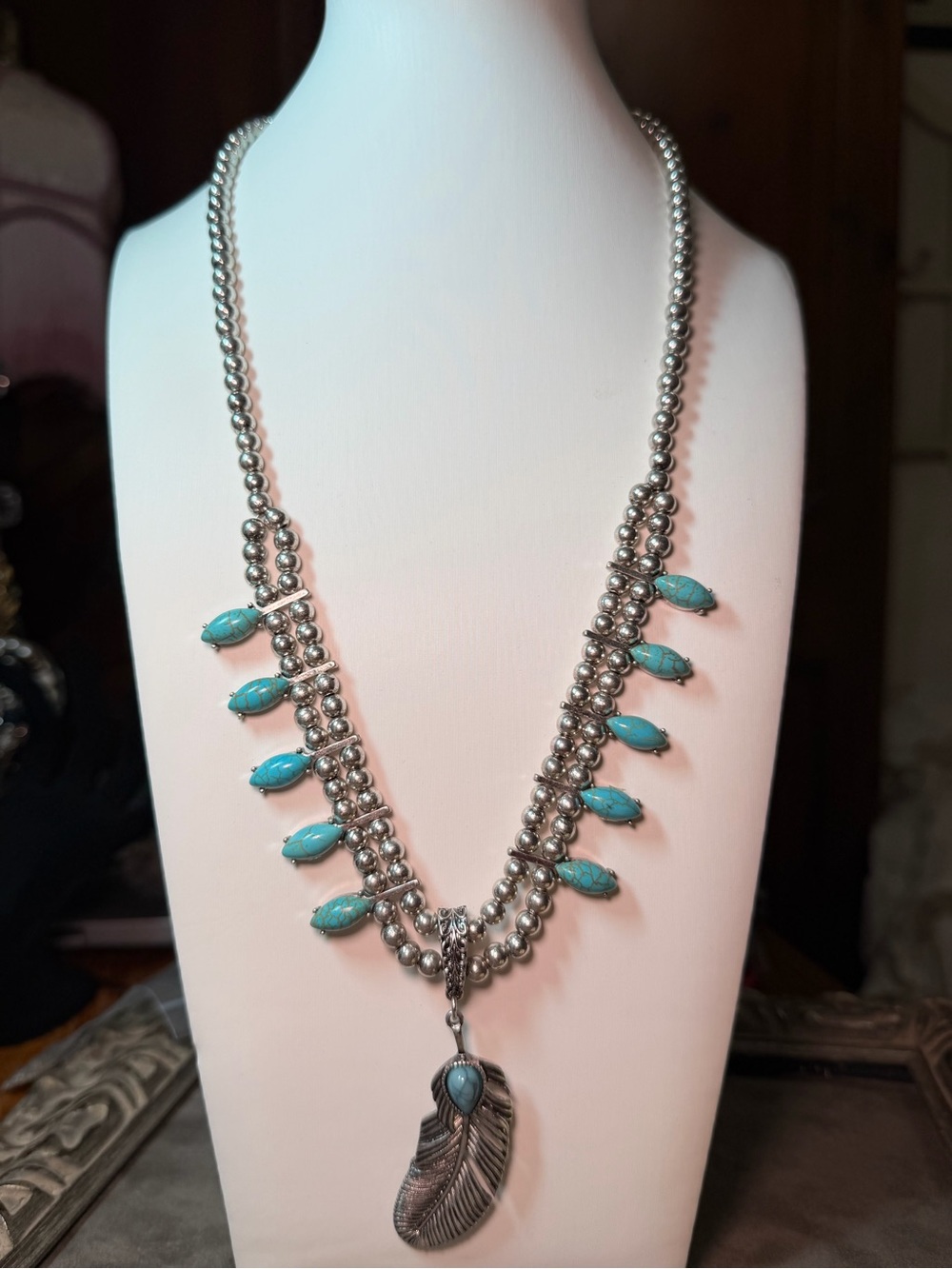 Shayanne Silver-Tone Necklace with Turquoise Colored Beads and Feather Pendant